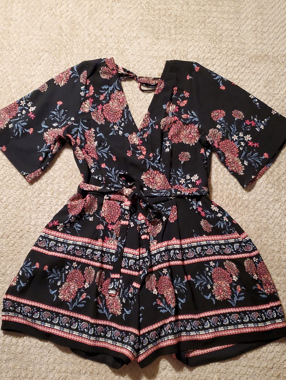 Trixxi Black Floral Wrap Romper with Pink & Blue Blooms